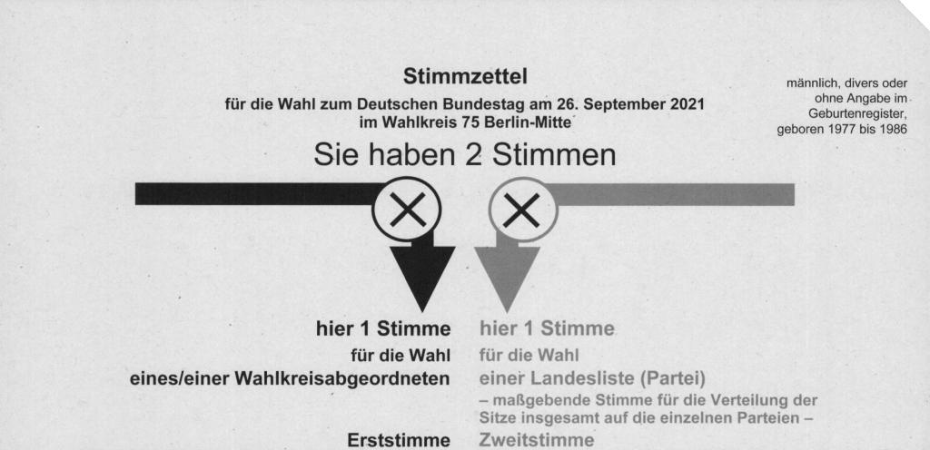 Stimmzettel der Bundestagswahl 2021
